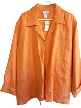 VTG Y2K Woman's Jacket Size 2X Open Front Long Sleeve Pockets 100% Linen Orange